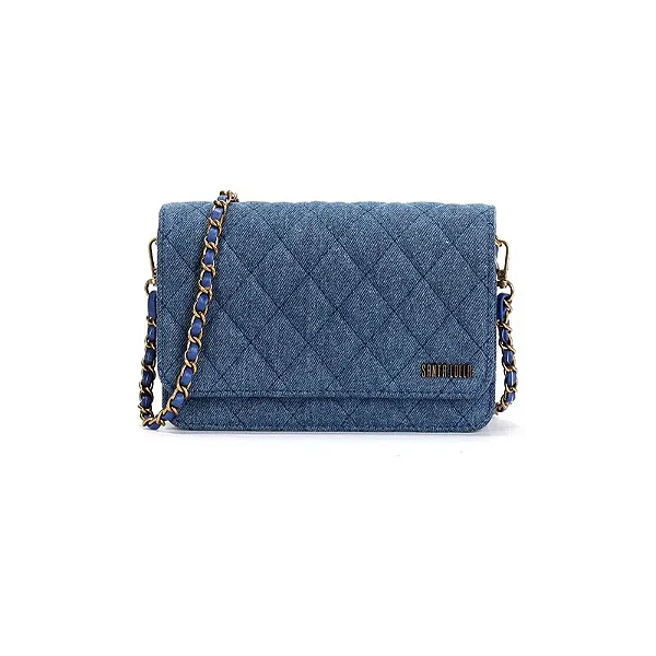 Bolsa Matelassê Jeans Azul Alça Transversal