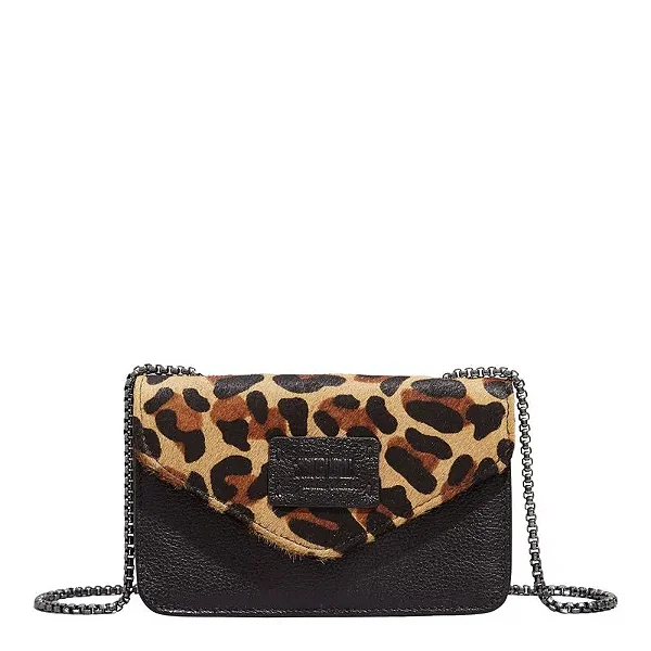 Bolsa Envelope Couro Estampa Animal Print Onça Alça Transversal Corrente