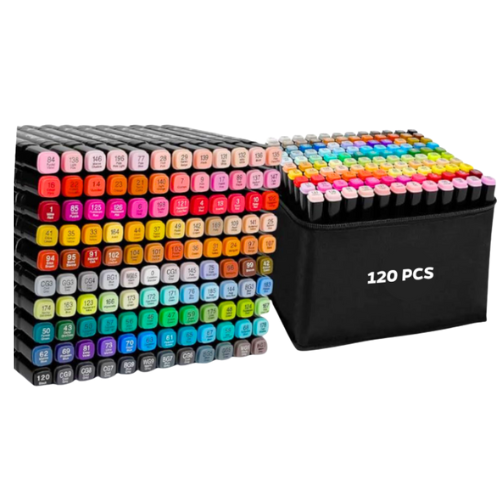 MK-120 - Kit Caneta para Colorir Desenhos com 2 Pontas + Estojo para Transporte 120 Cores