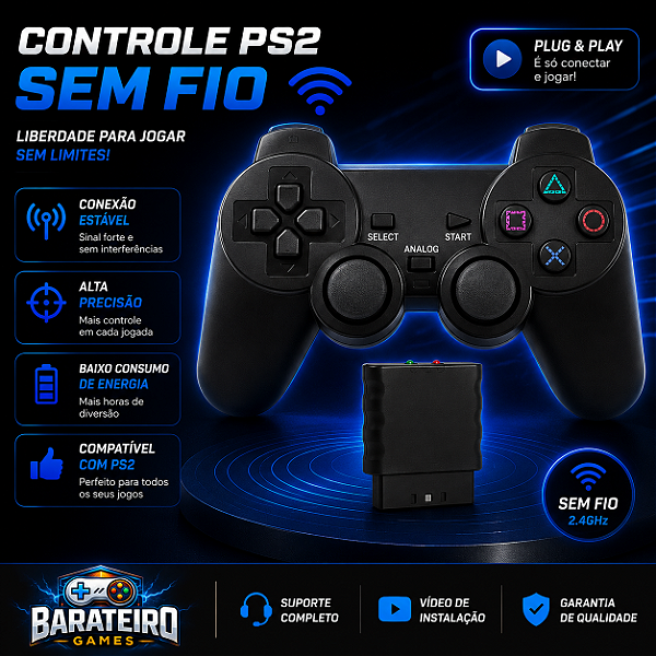 Controle Ps2 Sem Fio Playstation 2- Plug And Play
