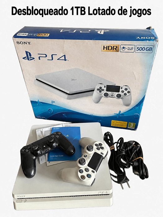 PlayStation 4 Slim Branco + 1 controle branco original + 1 preto primeira linha