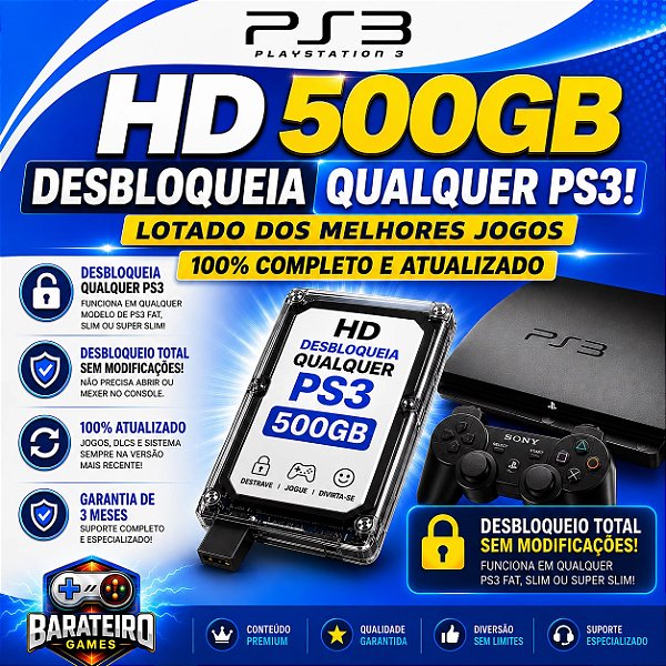 HD 500GB PARA PS3 QUALQUER MODELO - COM: Hen + Lojinhas + Suporte + 100% Atualizado 2026