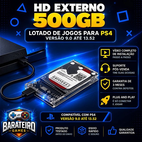 HD 500GB PARA PLAYSTATION 4 - Versão: 9.0 até 13.52