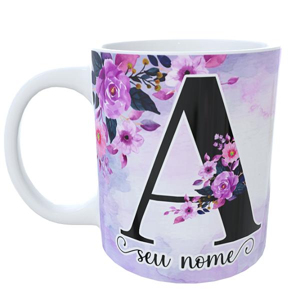 Caneca Alfabeto Floral com Foto Nome Lilás