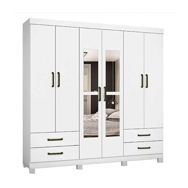 Roupeiro Guarda-Roupa Hercules Branco 6P4G c/ Espelho e Pés 1,77m