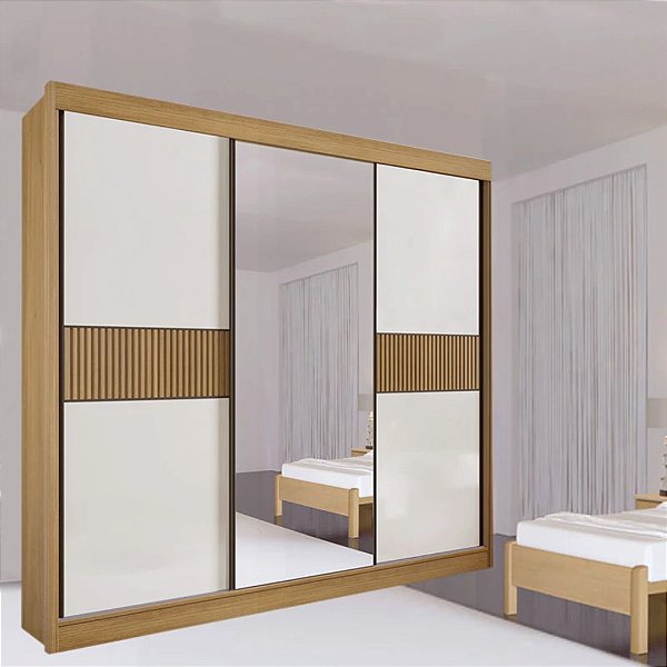Roupeiro Casal Los Angeles  3P 6G C/ 1 Espelho Detalhe Ripado Portas Flex 100% MDF Larg. 2,73m - D Doro
