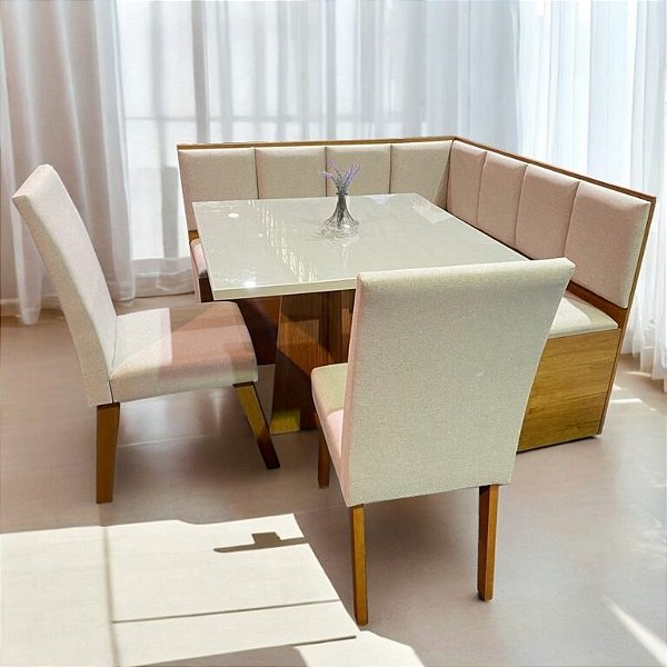 Canto Alemão + Mesa Mon/Soberano + 2 Cadeiras Milão Mel/Linho Bronze