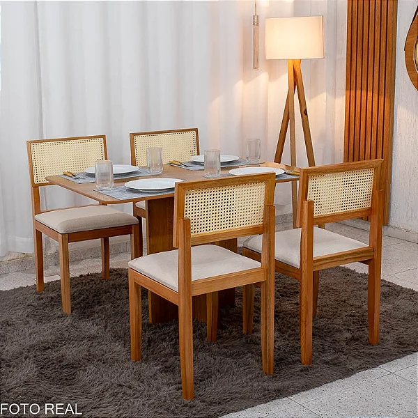 Mesa de Jantar Salina 120x80 c/ 4 Cad. Telinha Santorini Linho Bege Madeira Maciça
