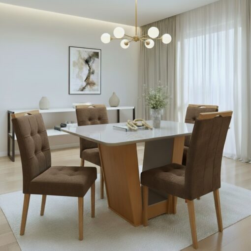 Mesa de Jantar Apogeu 120x80 c/ vidro + 4 cadeiras em madeira maciça