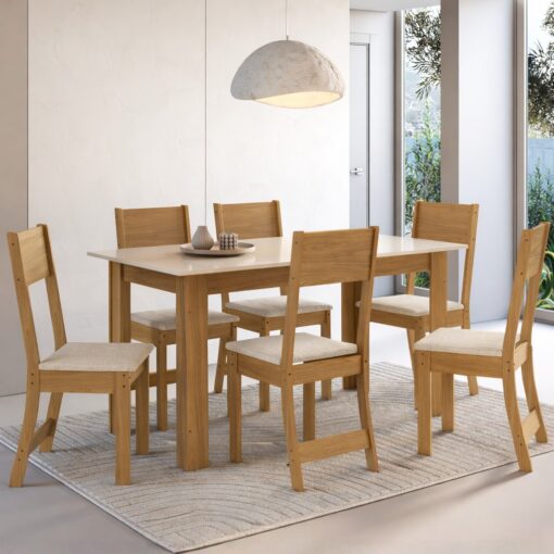 Mesa de Jantar Atlanta 150x76 + 6 Cadeiras Karla Linho Bege - 100% MDF
