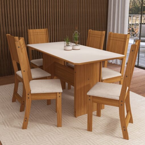 Mesa de Jantar Évora 150x76 + 6 Cadeiras Linho Bege