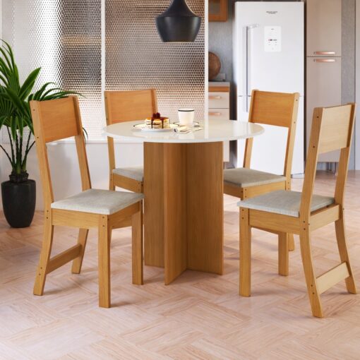 Mesa de Jantar Redonda Alice 90 + 4 Cadeiras Linho Bege