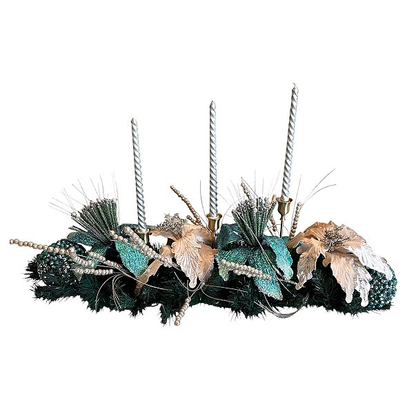 Centro de Mesa Natalino Azul e Dourado com castiçais