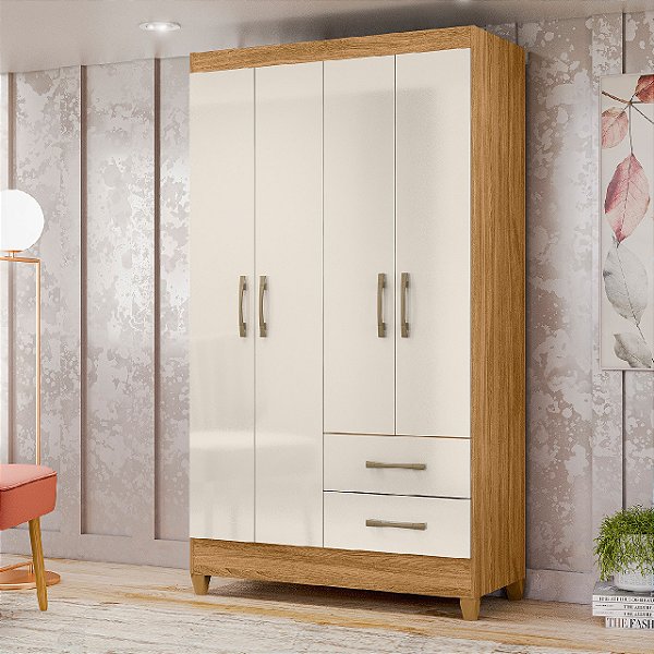 Guarda Roupa Moval Chile Solteiro 4 Portas Freijó com Off White