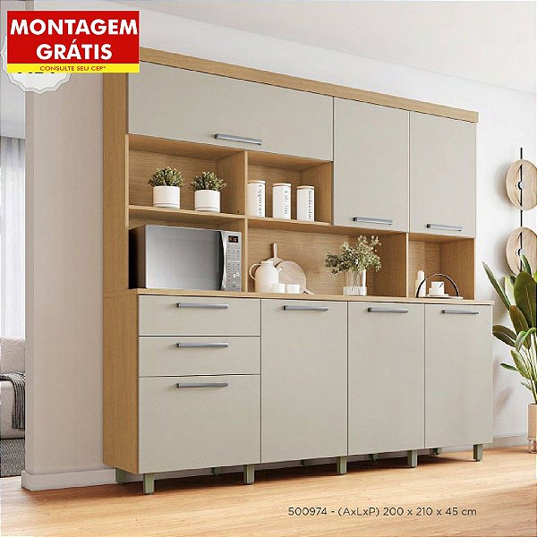 Armário de Cozinha Nesher Nobreza Modulado 7 Portas 2 Gavetas Carvalho/Greige