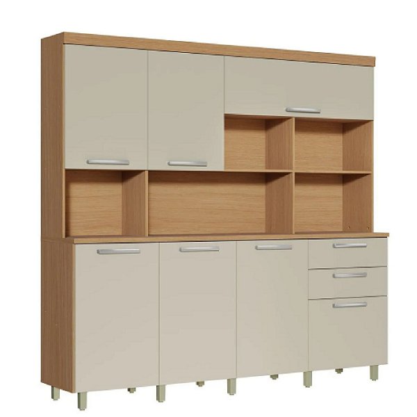 Kit Cozinha Compacta Nesher Nobreza 7 Portas 2 Gavetas 210cm Carvalho com Greige