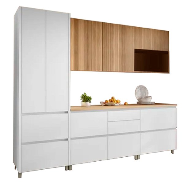 Cozinha Completa (Paneleiro + 2 Aéreos + 2 Balcões) Nesher Rainha Nature com Branco