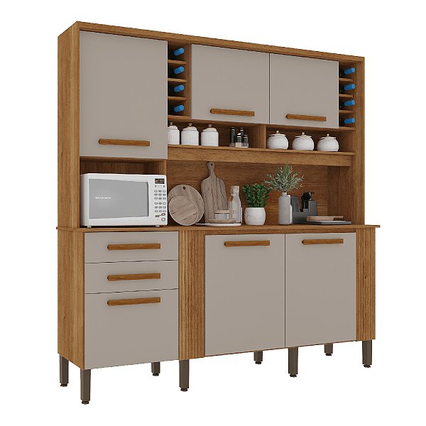 Kit Cozinha Compacta 6 Portas 2 Gavetas 200 x 200cm Salleto Catar Cinamomo/Off White