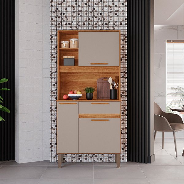 Armário de Cozinha Compacta Salleto Lia 3 Portas 1 Gaveta Cinamomo/Off White