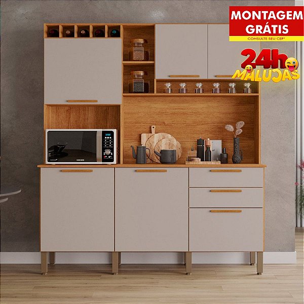 Armário de Cozinha Salleto New Topázio Modulado 6 Portas 2 Gavetas Cinamomo/Off White