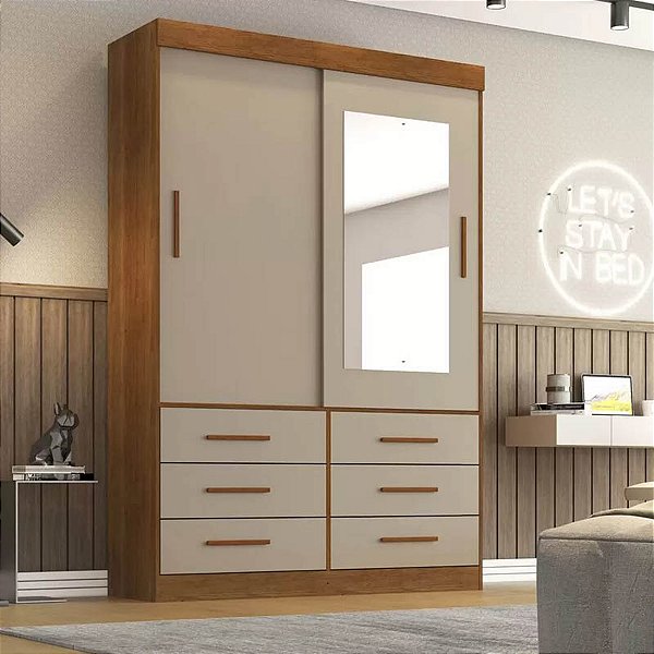 Guarda Roupa Salleto Turim Slim 2 Portas 6 Gavetas Com Espelho 2,19m Cinamomo/Off White