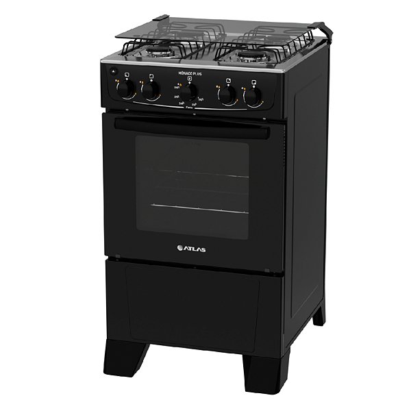Fogão Atlas Mônaco Plus 4 Bocas Preto Mesa Inox Acendimento Automático