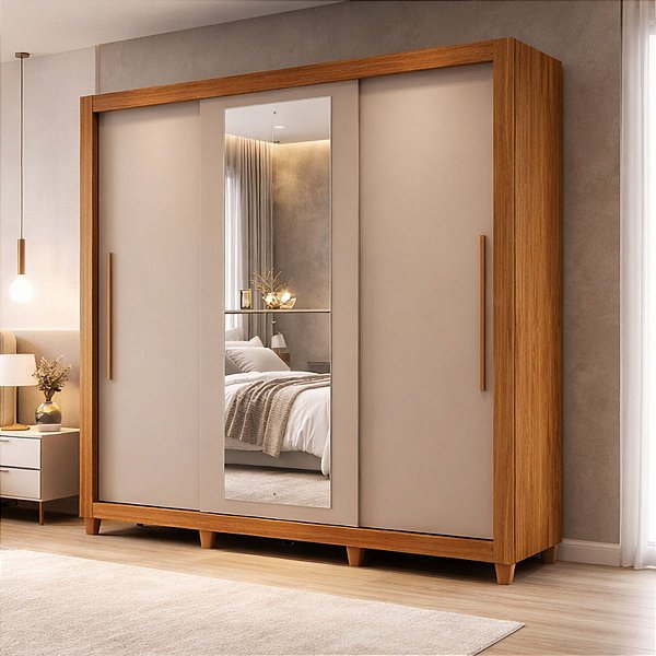 Guarda Roupa Salleto Linhares 3 Portas 4 Gavetas Com Espelho 185cm Cinamomo/Off White