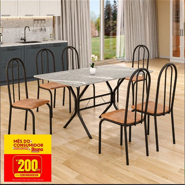 Mesa de Jantar Teixeira Cabo Frio Retangular 140cm Tampo Granito 6 Cadeiras Ubatuba Preto Fosco/Jambo