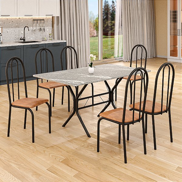 Conjunto de Mesa Retangular com 06 Cadeiras Teixeira Preto Fosco Tecido Jambo