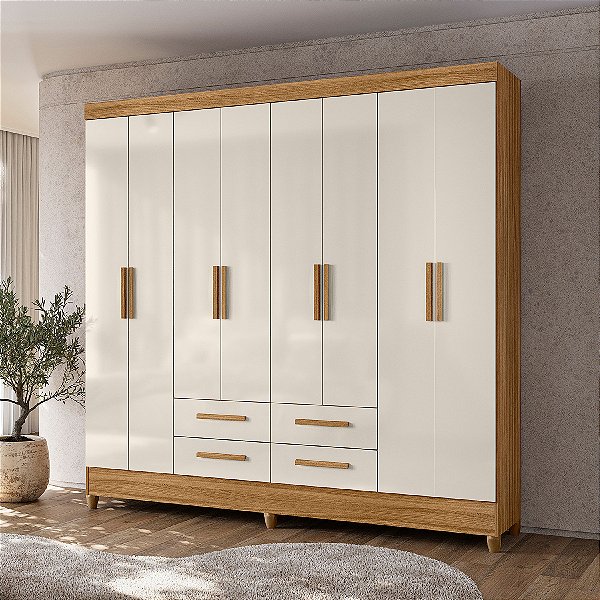 Guarda Roupa Moval Flórida Casal 8 Portas 4 Gavetas 2,04m x 2,04m x 0,47m Freijó com Off White