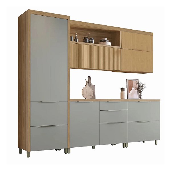 Cozinha Completa Nesher Marquesa Paneleiro 2 Aéreos 2 Balcões Nature com Verde