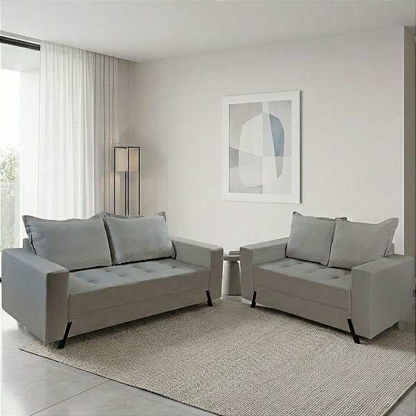 Conjunto de Sofá Boareto 8100 em Veludo com 2 e 3 Lugares Cor Cinza