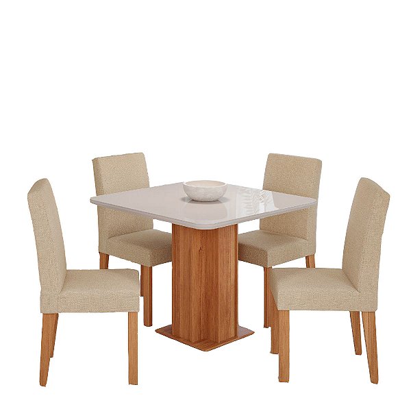 Mesa Cimol Sophia 0,95m x 0,95m CInamomo com Off White com vidro 4 Cadeiras Maia Gengibre