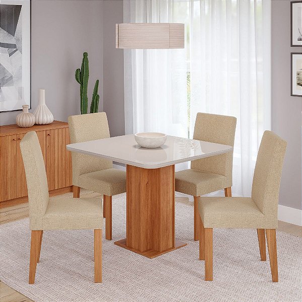 Mesa Cimol Sophia 0,95m x 0,95m CInamomo com Off White com vidro 4 Cadeiras Maia Gengibre