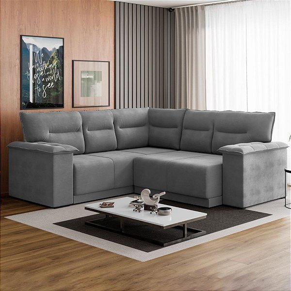 Sofá Canto 0,95m x 1,95m x 1,95m Flash Atlanta Veludo Cinza