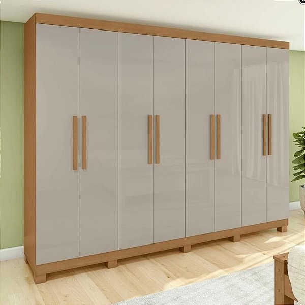 Guarda Roupas Lopas Andara 2,05 m x 2,36m x 0,47m 8 Portas 4 Gavetas sem Espelho com Pés Amendoa com Off White