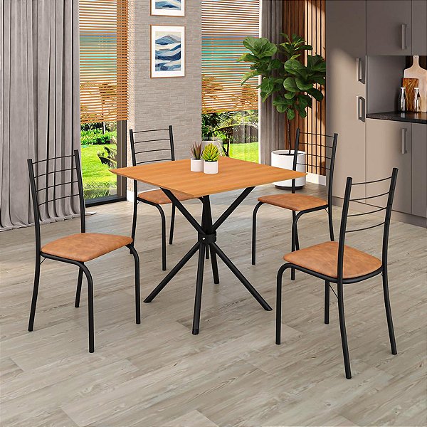 Mesa Teixeira Ipanema Tampo BP 70cm x 70cm 4 Cadeiras Rio Preto Fosco Tecido Jambo