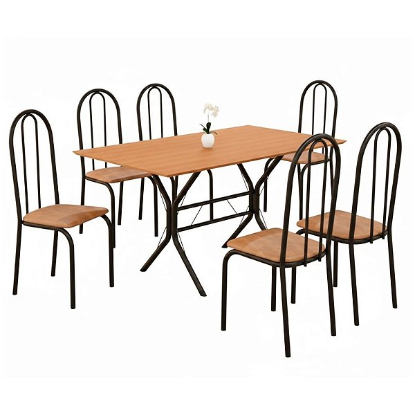 Mesa de Jantar Teixeira Cabo Frio Retangular 140cm Tampo Madeira 6 Cadeiras Ubatuba Preto Fosco/Jambo