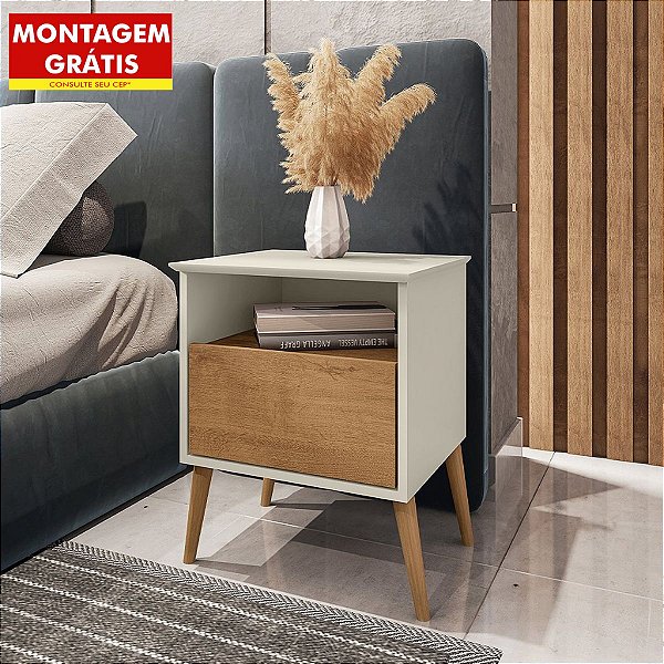 Mesa de Cabeceira Cancun 0,59m x 0,45m x 0,38m Off White com Nature