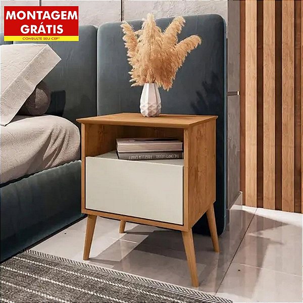Mesa de Cabeceira Cancun 1 Nicho 1 Gaveta Nature/Off White