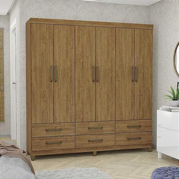 Guarda Roupas Carioca Dallas 6 Portas e 6 Gavetas 1,80m x 1,53m x 0,40m Sem Espelho Cinamomo