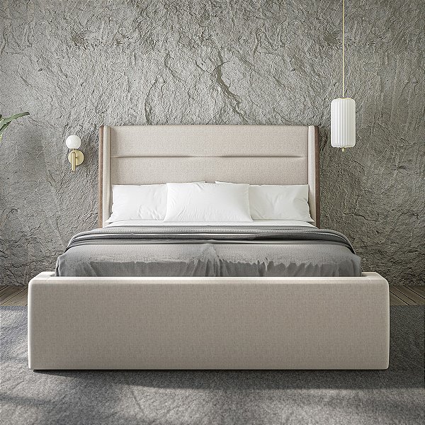 Conjunto Casal Box e Cabeceira Bonan Monza 140cm Linho Bege