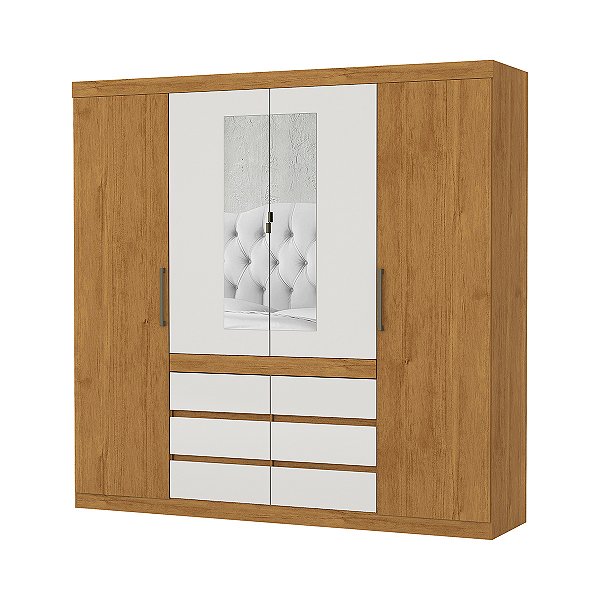 Guarda Roupa Carioca Império 6 Gavetas 2,24m x 2,00m x 0,45m com Espelho com Pés Cinamomo com Off White