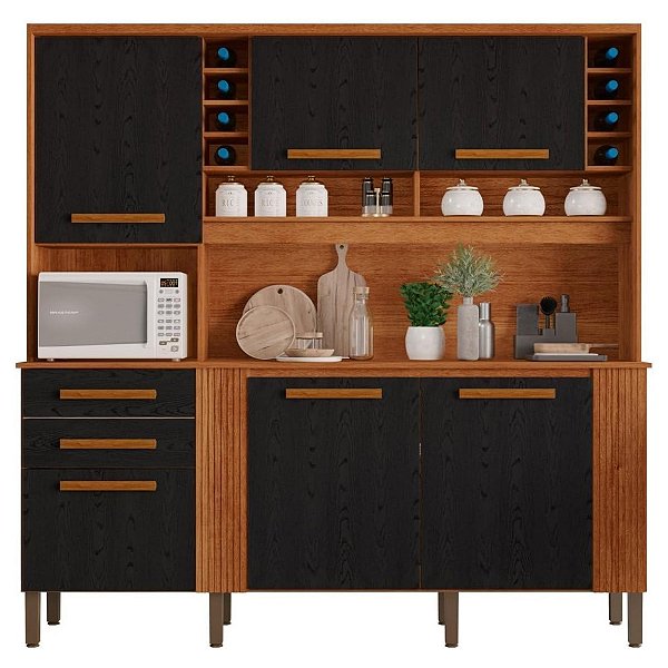 Kit Cozinha Compacta Salleto Catar Portas 2 Gavetas 2,00m x 2,00m Cinamomo com Preto