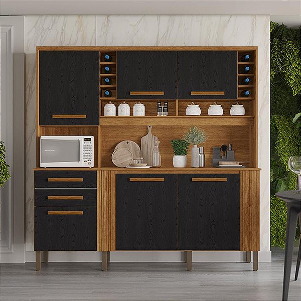 Armário de Cozinha Salleto Catar 6 Portas 2 Gavetas Cinamomo/Preto