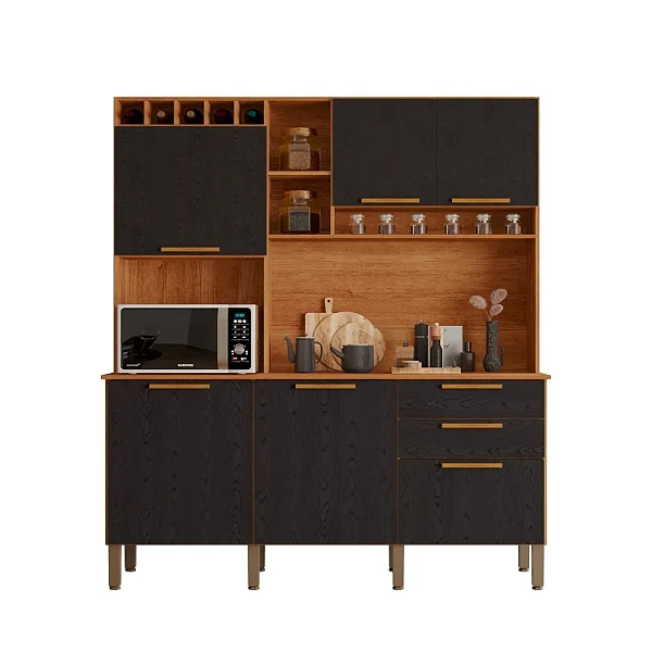 Kit Cozinha Salleto New Topazio 1,65m x 2,10m Cinamomo com Preto