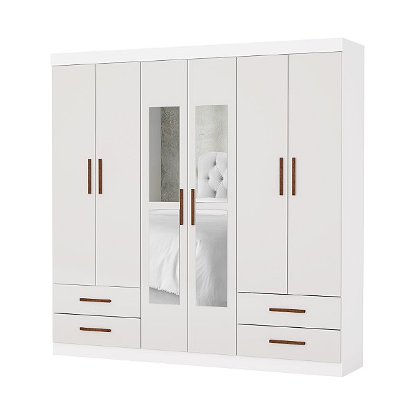 Guarda Roupas Carioca Hercules 6 Portas 4 Gavetas 2,00m x 1,77m x 0,47m com Espelho Com Pés Branco
