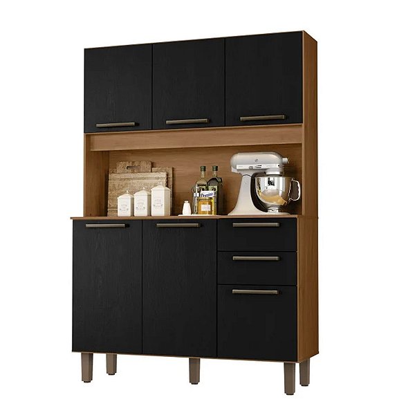 Kit Cozinha Zanzini Pop 6 Portas 2 Gavetas 1,74m x 1,20m Cinamomo com Preto Catedral