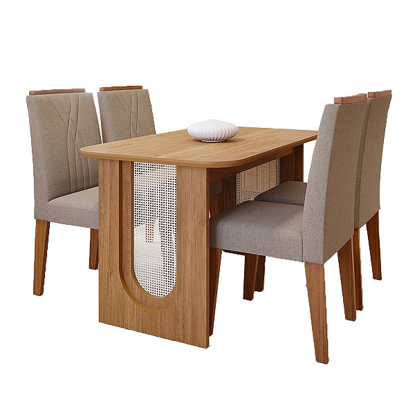 Mesa Cimol Valentina 4 Cadeiras Nicole 1,30m x 0,80m Cinamomo com Linho Bege
