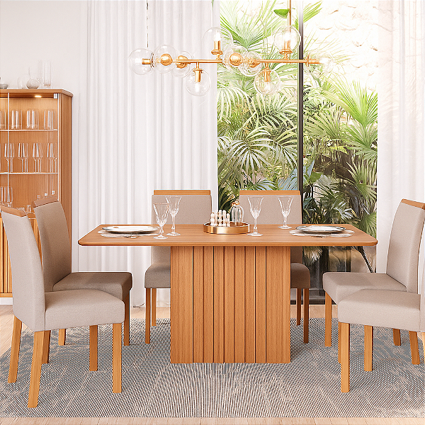 Mesa Cimol Ana Cinamomo com Off White 1,80m com Vidro 6 Cadeiras Maia Gengibre